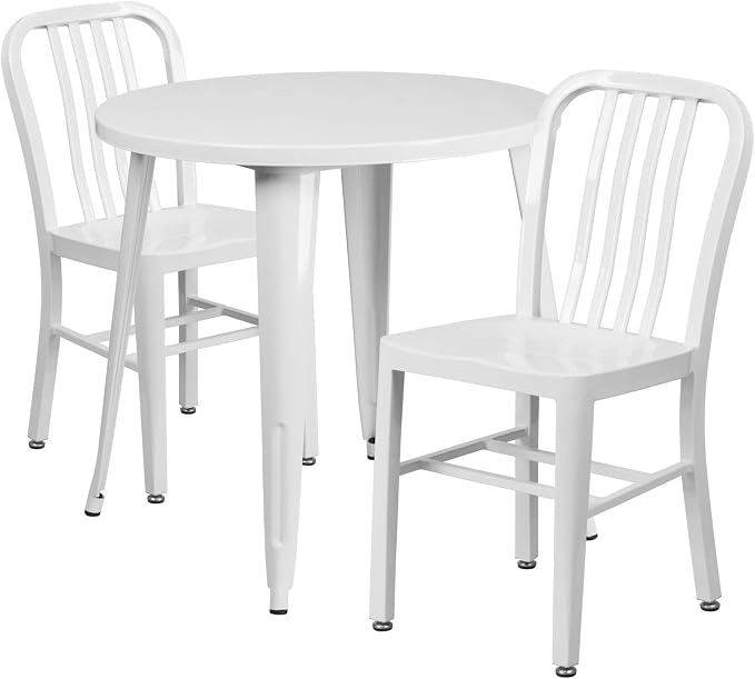Flash Furniture Craig Commercial Grade 30" Round White Metal Indoor-Outdoor Table Set with 2 Vertical Slat Back Chairs | Commercial Grade, Indoor/Outdoor Use, Vertical Slat Back