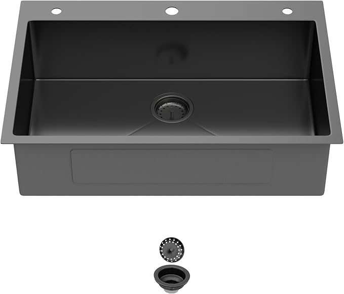 33 Inch Gunmetal Black Drop In Kitchen Sink 33 x 22 Kitchen Sink 18 Gauge Stainless Steel Single Bowl Topmount Sink with Nano Coating, 33x22x9