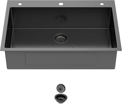 33 Inch Gunmetal Black Drop In Kitchen Sink 33 x 22 Kitchen Sink 18 Gauge Stainless Steel Single Bowl Topmount Sink with Nano Coating, 33x22x9