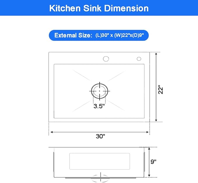 30 x 22 Inch Modern Drop In Kitchen Bar Sink, 304 Stainless Steel Black Single Bowl Topmount Sink, Nano Laundry RV Deep Workstation Sinks with Drain Strainer & Grid