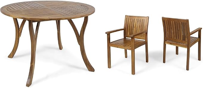 Christopher Knight Home 47" Round Acacia Wood Outdoor Dining Table and 2 Acacia Wood Outdoor Dining Chairs, Teak Finish