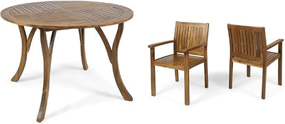 Christopher Knight Home 47" Round Acacia Wood Outdoor Dining Table and 2 Acacia Wood Outdoor Dining Chairs, Teak Finish