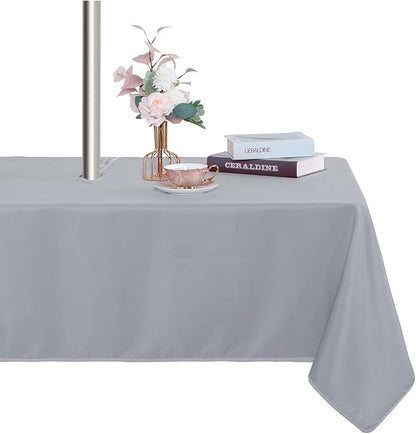 Fitable Silver Grey Outdoor Tablecloth for 8ft Rectangle Tables, 60" x 120" | Washable Waterproof Wrinkle Free Table Cover, Zipper and Umbrella Hole, For Spring Summer Party Picnic Camping Patio Indoor