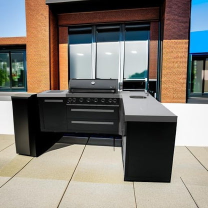 Mont Alpi Premium 94"W x 88"D L-shaped Black Stainless Steel Modular Outdoor Kitchen Island with Beverage Center Refrigerator Faucet & Sink + 44"W 6-Burner BBQ Gas Grill + Storage Cabinets & Drawers