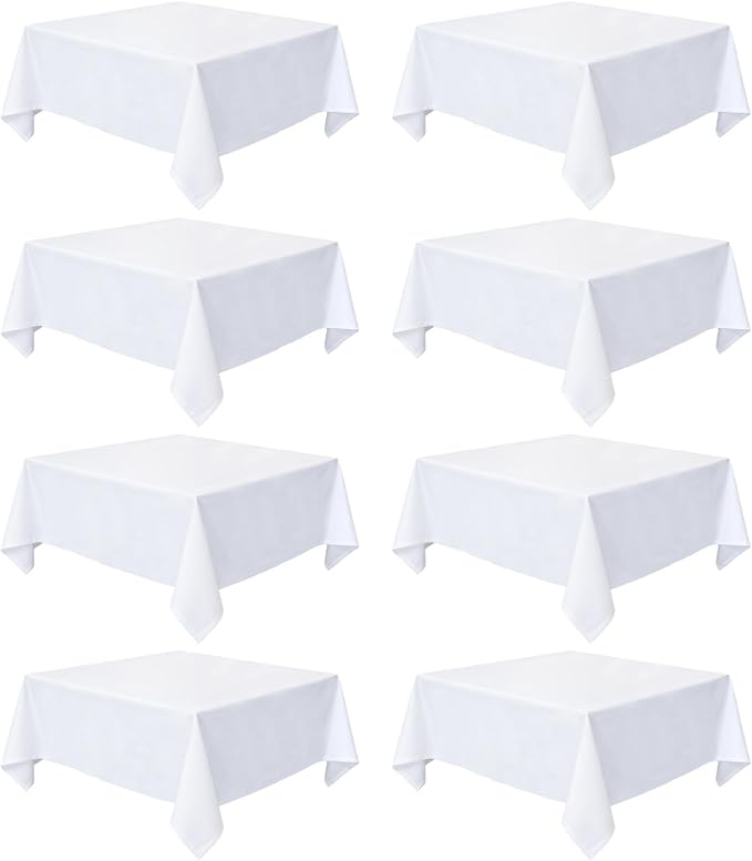 8 Pack White Square Tablecloth 60 x 60 Inch | Wrinkle Resistant, Washable, Polyester Fabric, Square Table Cloth for Dining Party Banquet Buffet Wedding