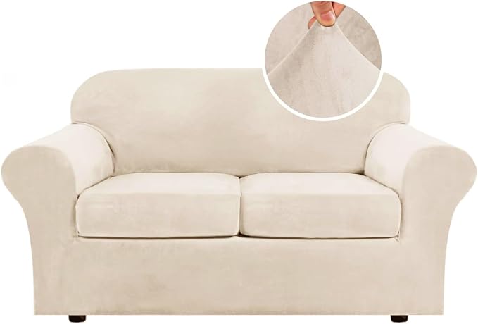 H.VERSAILTEX 3 Piece Stretch Sofa Covers Couch Covers for 2 Cushion Couch Loveseat Covers Width Up to 72 Inch Feature Thick Soft Stay in Place (Medium Sofa, Cream)