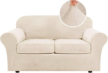 H.VERSAILTEX 3 Piece Stretch Sofa Covers Couch Covers for 2 Cushion Couch Loveseat Covers Width Up to 72 Inch Feature Thick Soft Stay in Place (Medium Sofa, Cream)