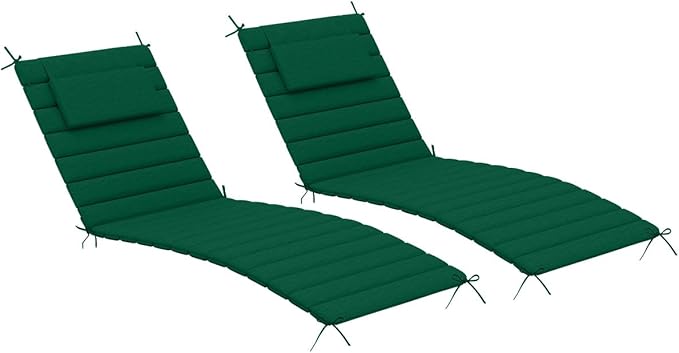 Sundale Outdoor Olefin Quilted Lounge Cushion Set of 2, Patio Foldable Chaise Lounger Cushion, Water-Resistant Lounge Chair Pad with Straps Dark Green, 80 x 26 inches