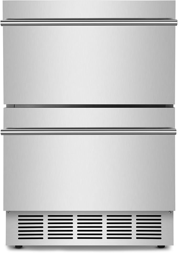 24 Inch Outdoor Beverage Refrigerator with Double Drawer | Built-in Patio Fridge with Stainless Steel Construction, Quiet Cooling System for Backyard, Deck, Outdoor Kitchen Use