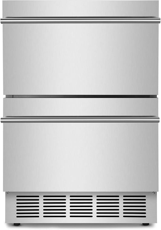 24 Inch Outdoor Beverage Refrigerator with Double Drawer | Built-in Patio Fridge with Stainless Steel Construction, Quiet Cooling System for Backyard, Deck, Outdoor Kitchen Use