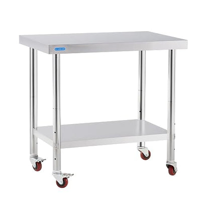 KUARBARR Stainless Steel Table for Prep & Work with 4 Caster Wheels with Undershelf 24 x 36 NSF Metal Commercial Kitchen Adjustable Undershelf Worktable for Restaurant Home Outdoor