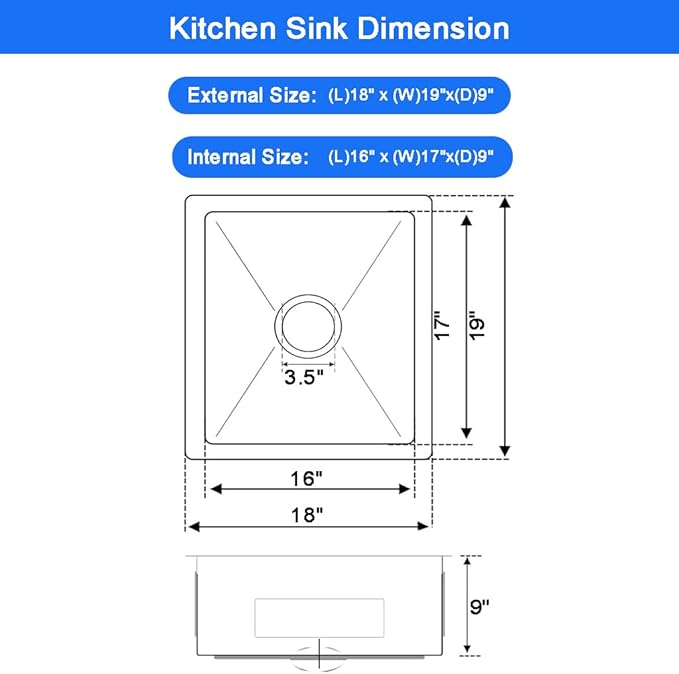 18 x 19 Inch Undermount Kitchen Bar Sink, Handmade Single Bowl 304 Stainless Steel Wet RV Sinks, Indoor and Outdoor Deep Kitchen Laundry Basin with Accessories