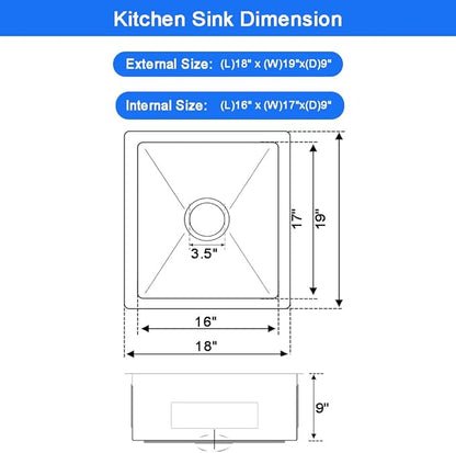 18 x 19 Inch Undermount Kitchen Bar Sink, Handmade Single Bowl 304 Stainless Steel Wet RV Sinks, Indoor and Outdoor Deep Kitchen Laundry Basin with Accessories