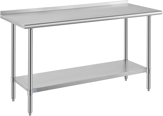ROCKPOINT SS304 Top All Stainless Steel Table for Prep & Work with Backsplash 24x60 Inches, NSF Commercial Kitchen Heavy Duty Table with Adjustable Undershelf for Restaurant,Kitchen, Home and Hotel