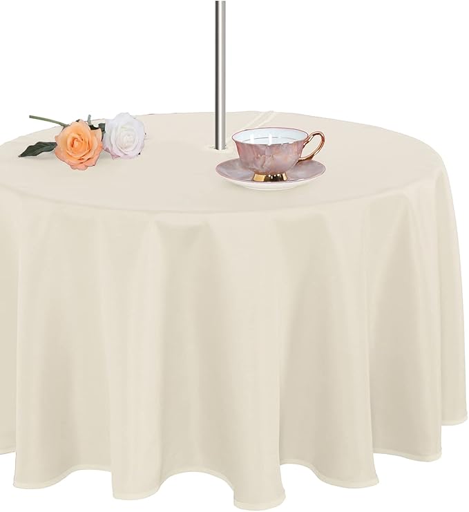 Fitable Outdoor and Indoor Tablecloth, Beige, 70 Inch Round | Washable Waterproof Wrinkle Free Table Cover, Zipper and Umbrella Hole, For Spring Summer Party Picnic Camping Patio