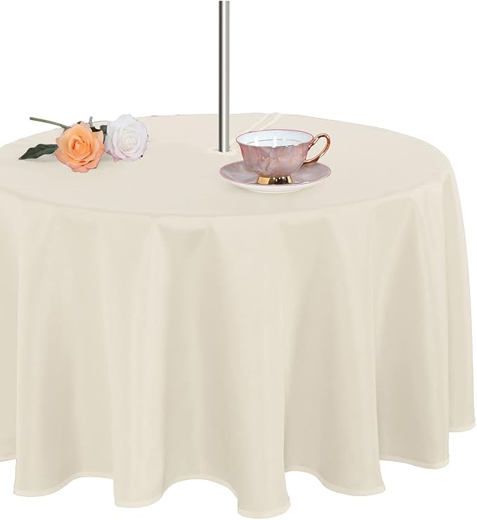 Fitable Outdoor and Indoor Tablecloth, Beige, 60 Inches Round | Washable Waterproof Wrinkle Free Table Cover, Zipper and Umbrella Hole, For Spring Summer Party Picnic Camping Patio