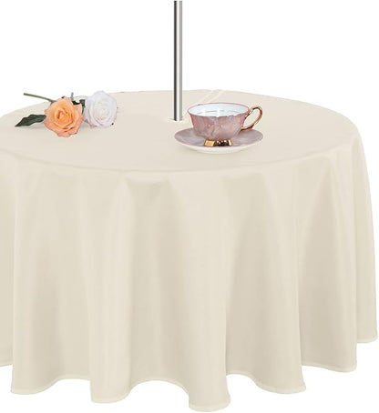Fitable Outdoor and Indoor Tablecloth, Beige, 60 Inches Round | Washable Waterproof Wrinkle Free Table Cover, Zipper and Umbrella Hole, For Spring Summer Party Picnic Camping Patio