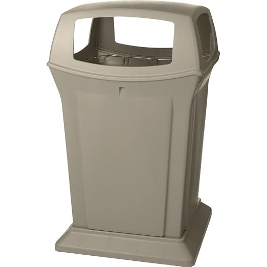Rubbermaid Commercial Products Ranger Trash Can with 4 Opening Lid, 45 GAL, Beige Plastic, Outdoor for Stadiums/Parks/Shopping Plazas