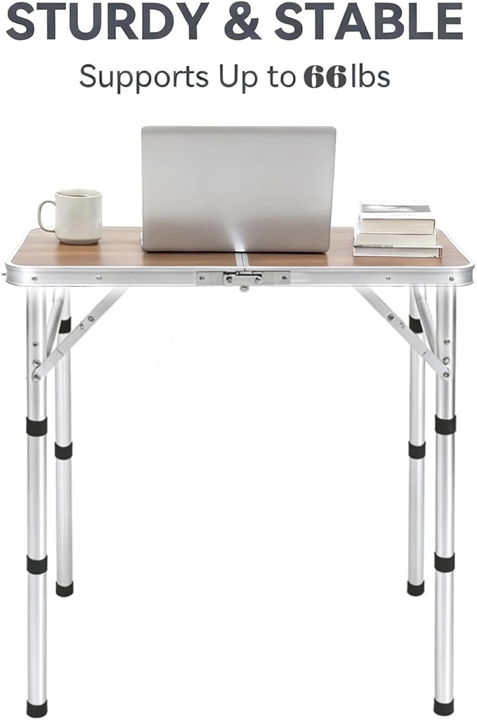 Small Folding Camping Table, 2ft Portable Picnic Table Aluminum 24" x 16" Folding Table, 3 Adjustable Heights Portable Lightweight Table Dining Table for RV, Picnic, Beach (Wood Pattern)