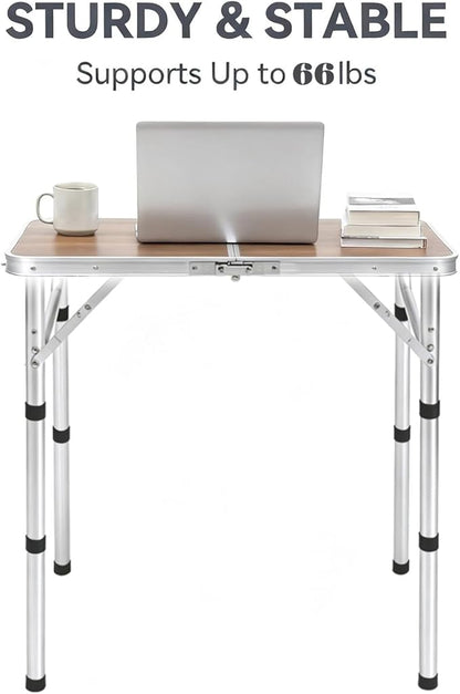 Small Folding Camping Table, 2ft Portable Picnic Table Aluminum 24" x 16" Folding Table, 3 Adjustable Heights Portable Lightweight Table Dining Table for RV, Picnic, Beach (Wood Pattern)