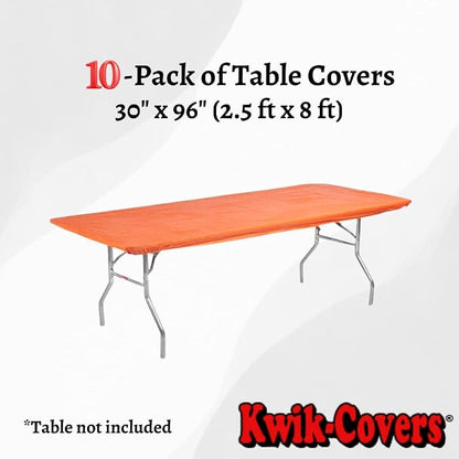 10 Pack of Rectangular Plastic Table Covers - 6' Foot or 8' Foot Options - Indoor or Outdoor Fitted Table Covers (Table NOT Included) (Orange, 30" x 96" (8' ft))