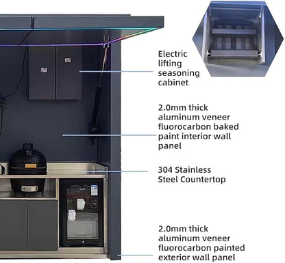 Prefab Outdoor Kitchen Pod with Roof and Grill, Modular Outdoor Kitchen Island with Sink Refrigerator Storage Cabinet, Backyard Patio BBQ Cooking Station for Outdoor Entertaining