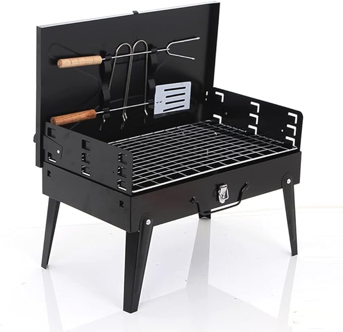Charcoal Grills, Portable Camping Grill, Folding BBQ with Lid, 3-Level Height Adjustment, for 3 to 5 People for Outdoor Hiking Party Park Beach (Black 44 * 27 * 29cm)