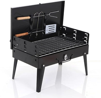 Charcoal Grills, Portable Camping Grill, Folding BBQ with Lid, 3-Level Height Adjustment, for 3 to 5 People for Outdoor Hiking Party Park Beach (Black 44 * 27 * 29cm)