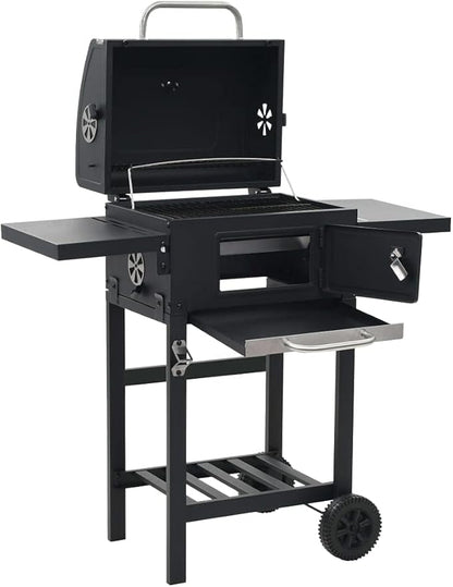 Charcoal-Fueled BBQ Grill,Charcoal BBQ Barbecue Grill Camping Stand for Outdoor Cooking Heavy Duty,for Tailgating Patio Backyard Camping and Anywhere,With 2 Wheels, with Bottom Shelf Black