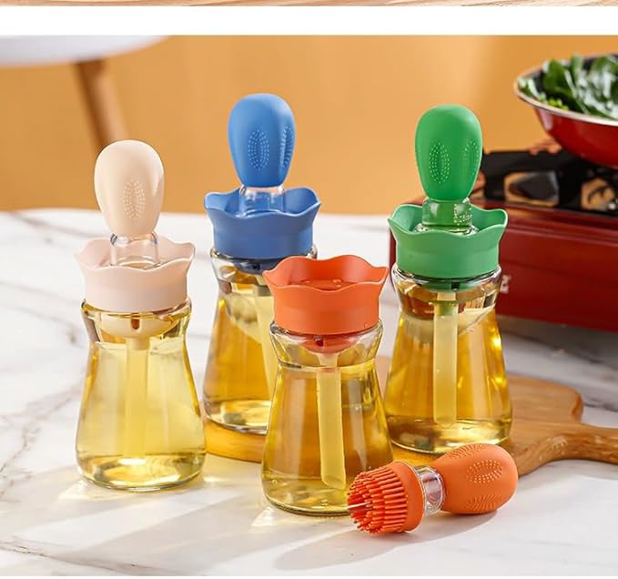Oil Dispenser Bottle with Silicone Brush, 200ML 2 in 1 Silicone Dropper Measuring Oil Dispenser Bottle for Kitchen Cooking, Frying, Baking, BBQ Pancake, Air Fryer, Marinating - Orange