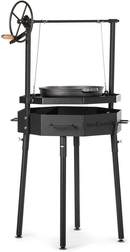 TITAN GREAT OUTDOORS Ash & Ember Santa Maria Grill, Argentine Style Open Fire Grill, Adjustable Cooking Grate with Flywheel, BBQ Grill Comes with Cast Iron Skillet