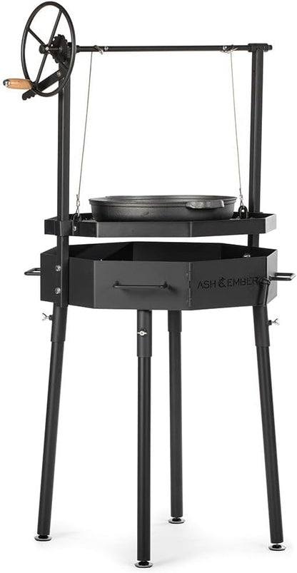 TITAN GREAT OUTDOORS Ash & Ember Santa Maria Grill, Argentine Style Open Fire Grill, Adjustable Cooking Grate with Flywheel, BBQ Grill Comes with Cast Iron Skillet