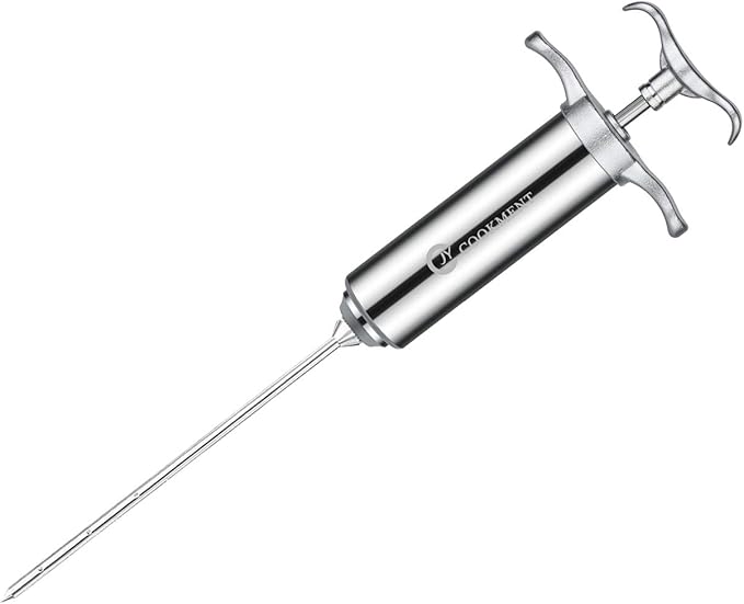 JY COOKMENT Meat Injector Syringe 2-oz Marinade Flavor Barrel 304 Stainless Steel with 3 Professional Needles 2 Cleaning Brushes and 4 Silicone O-Rings