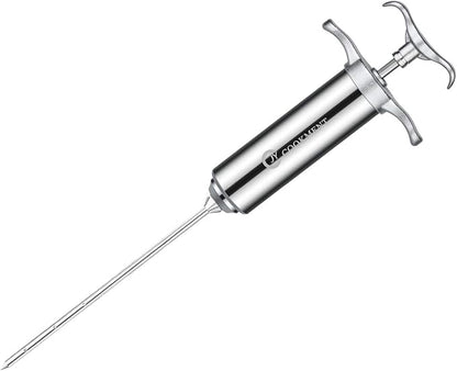 JY COOKMENT Meat Injector Syringe 2-oz Marinade Flavor Barrel 304 Stainless Steel with 3 Professional Needles 2 Cleaning Brushes and 4 Silicone O-Rings