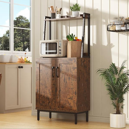 kepptory 51" Kitchen Baker's Rack with Storage, Microwave & Toaster Oven Stand, Freestanding Coffee Bar Station with Wine Glass Holder & Side Storage Shelves, Brown