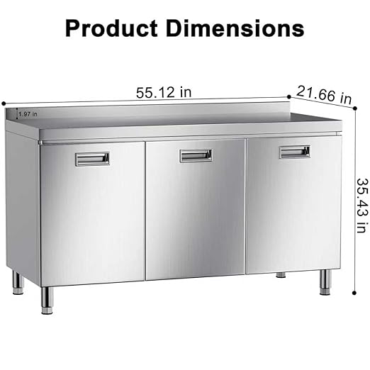 ZZV 55" x 21" Stainless Steel Table Cabinet for Prep & Work, Heavy Duty Prep Table with 3 Pull-Out Doors, Commercial Workbench with Cabinet for Kitchen, Restaurant, Hotel, Garage, and Warehouse