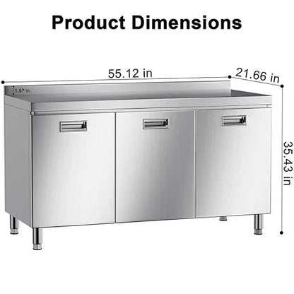 ZZV 55" x 21" Stainless Steel Table Cabinet for Prep & Work, Heavy Duty Prep Table with 3 Pull-Out Doors, Commercial Workbench with Cabinet for Kitchen, Restaurant, Hotel, Garage, and Warehouse