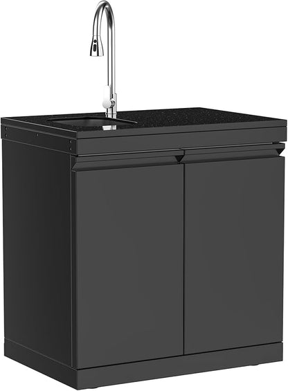 Black Stainless Steel Double Door Outdoor Sink Cabinet, Black Galaxy Granite Countertop, Hidden Handle, Pull-Down Faucet, Large Storage, Modular BBQ Island Prep Station - Black