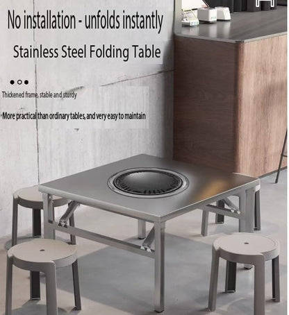 Embedded Stainless Steel Korean Charcoal BBQ Grill Foldable Outdoor Table, Outdoor Barbecue and hot Pot Easy Clean Multifunctional Design Patio Family Party & Restaurant,Square 3.9ft