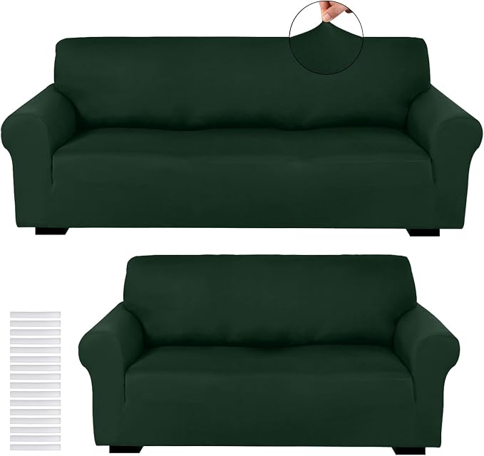 Peryiter 2 Pcs Couch and Loveseat Sofa Covers,Dark Green,Milk Silk | Armchair Covers for Living Room, Sofa Cushion Slipcover 2/3 Seater, Furniture Protector, Polyester and Spandex, Washable