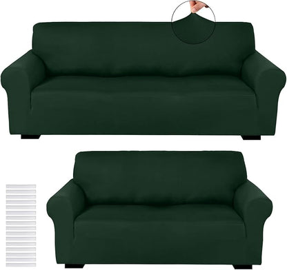 Peryiter 2 Pcs Couch and Loveseat Sofa Covers,Dark Green,Milk Silk | Armchair Covers for Living Room, Sofa Cushion Slipcover 2/3 Seater, Furniture Protector, Polyester and Spandex, Washable