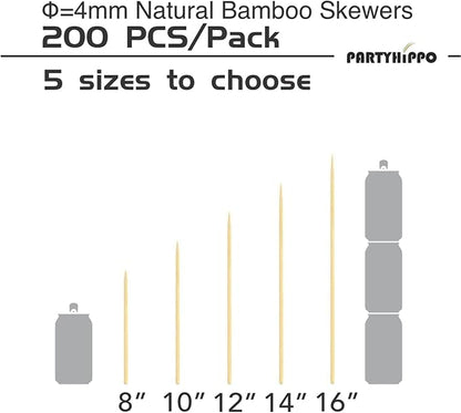 Party Hippo 10 Inch Natural Bamboo Skewers, 4mm Thick, 100 Pack – BBQ Kabob Sticks for Grilling, Fruit, Chocolate Fountain, Crafts & Parties – More Size Choices /8"/10"/12"/14"/16" (10" / 100 ct)