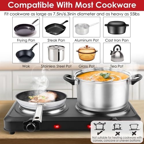 1800W Portable Dual Burner Heating Stove, Countertop RV Stove with 7.5" & 6.3" Glass Cooktop, Stepless Temperature Adjustment
