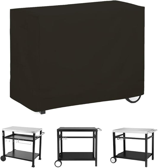 Outdoor Dining Cart Cover for Royal Gourmet Double-Shelf Movable Prep Grill Side Table Heavy Duty Waterproof Cover for Stainless Steel Top BBQ Pizza Oven Kitchen Work Table, Black