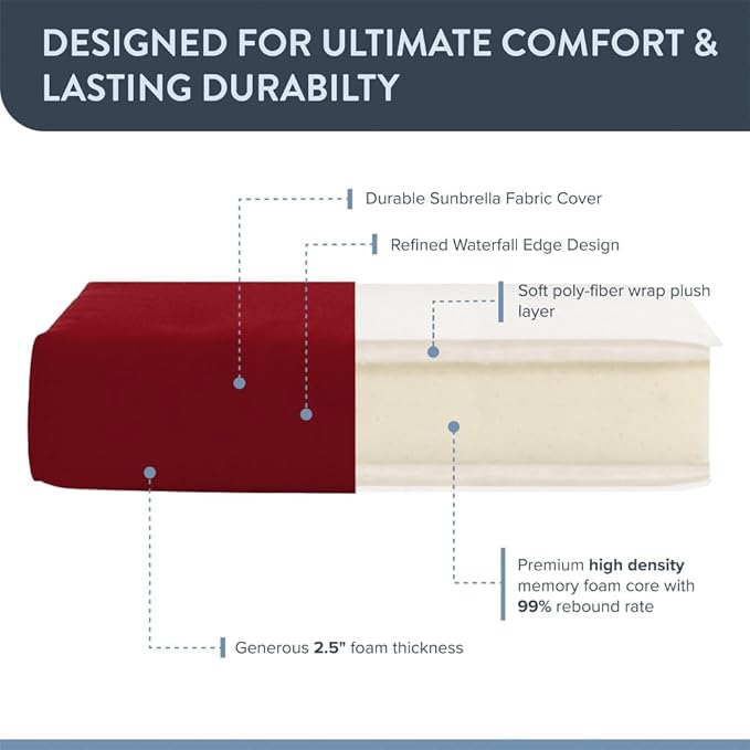 California Umbrella Outdoor Dining Chair, Set of 4 Patio Seat Cushions, 20 x 40 Inch, Premium Outdoor Memory Foam, Fade Resistant, Sunbrella Fabric, Fabric Ties, Jockey Red