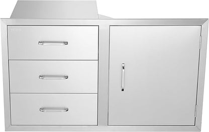 Vevor Outdoor Kitchen Door Drawer Combo 38.1''W x 22.6''H x 20.8''D, BBQ Access Door/Triple Drawers Combo with Stainless Steel Handles, Perfect for BBQ Island Patio Grill Station