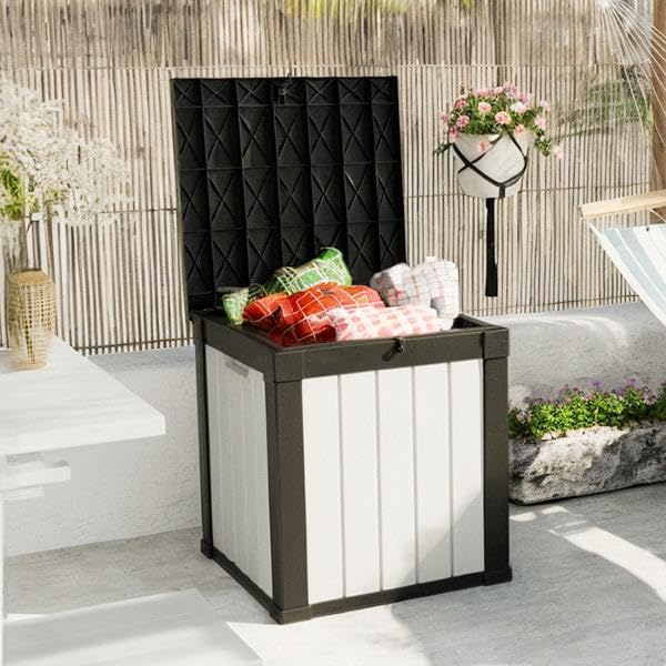 50 Gallon Outdoor Deck Box, Lockable Waterproof Outdoor Storage Boxes For Garden Tools,Indoor Cushions,Accessories Outside Storage Resin Weatherproof Container(Black&White)