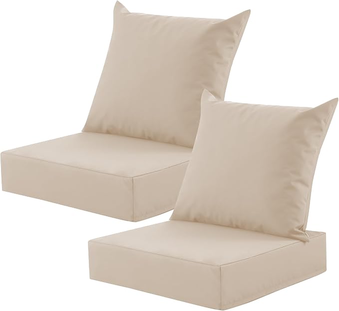Outdoor Deep Seat Cushion Set, 24x24 Inch, Beige, Set of 2 | Water-Resistant, Fade-Resistant, Removable Cover, For Patio Chair & Sofa&Furniture