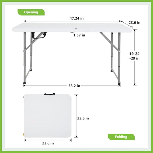 PayLessHere Folding Camping Table Plastic Picnic Table Office Table for Parties Wedding Camping Office with Carrying Handle (White, 4 FT)