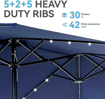 GREEN PARTY 15 ft Large Outdoor Patio Umbrella with Solar Led Lights & Base Included, Double-Sided Rectangular Table Umbrella with Stand, Market Umbrellas for Deck Poolside Garden Backyard, Navy Blue